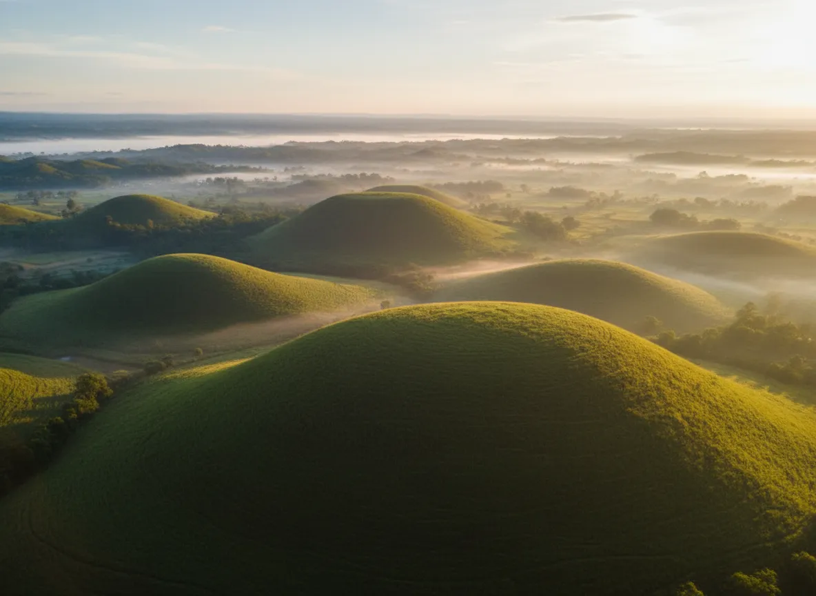 Panoramic view of the rolling green Quintinday Hills under a soft morning sky
