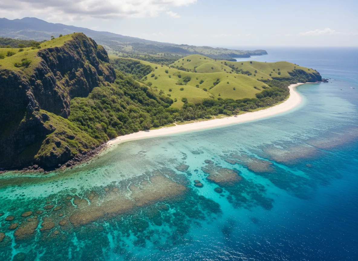 Aerial view of Misibis Bay with emerald hills meeting turquoise water
