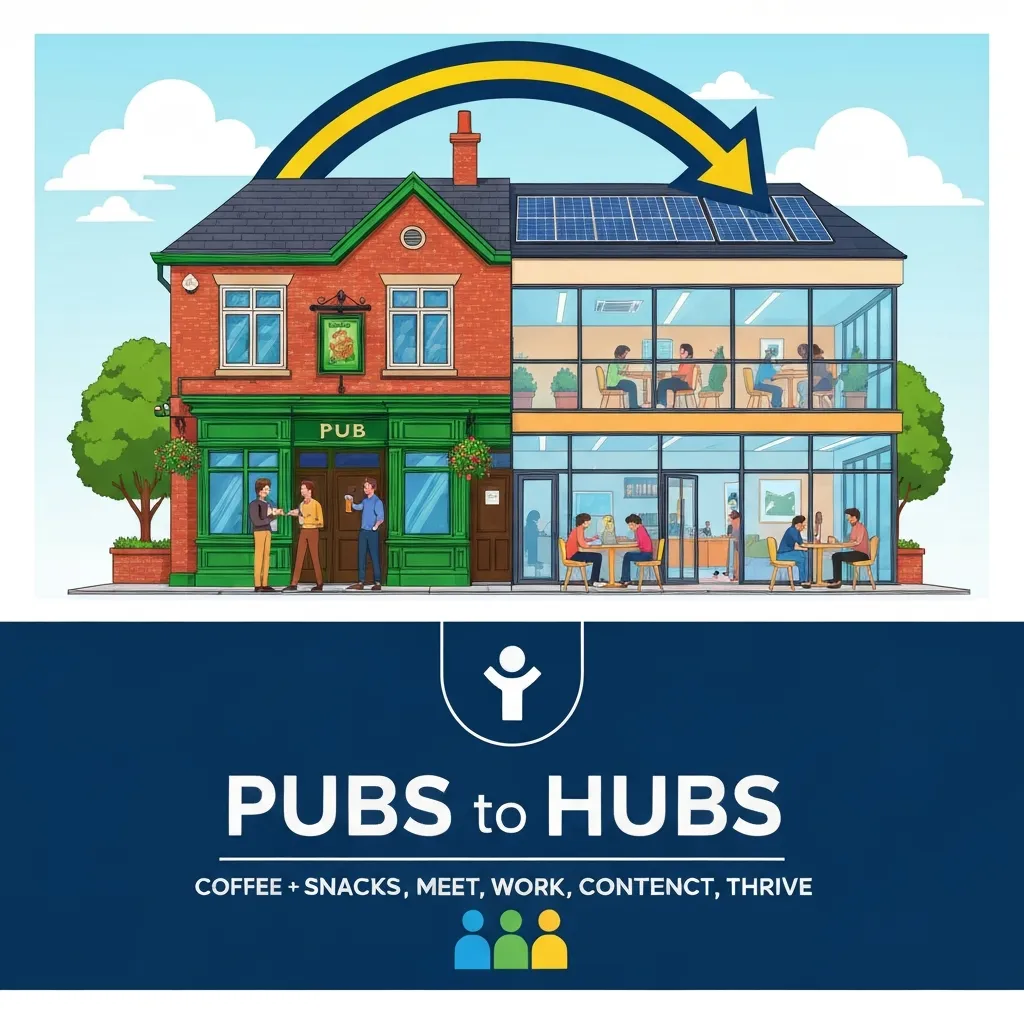 Vibrant, detailed illustration of a building split between a traditional pub on the left and a modern community hub on the right. Framed by a circular arrow and sits above a large navy blue banner with white text 'PUBS to HUBS'.