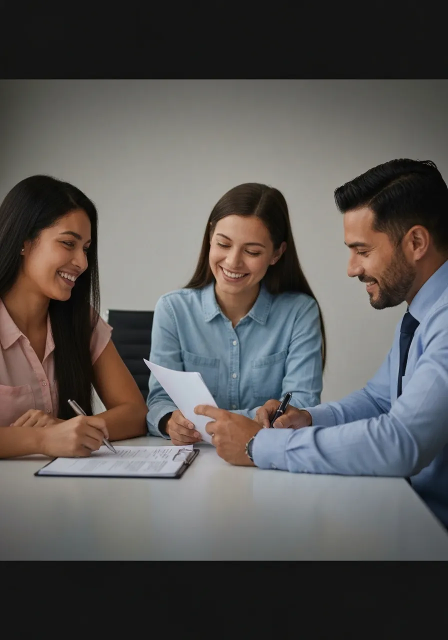 Familia inmigrante sonriendo revisando documentos migratorios