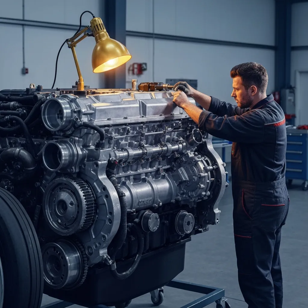 Professional technician performing heavy-duty workshop maintenance on a commercial truck