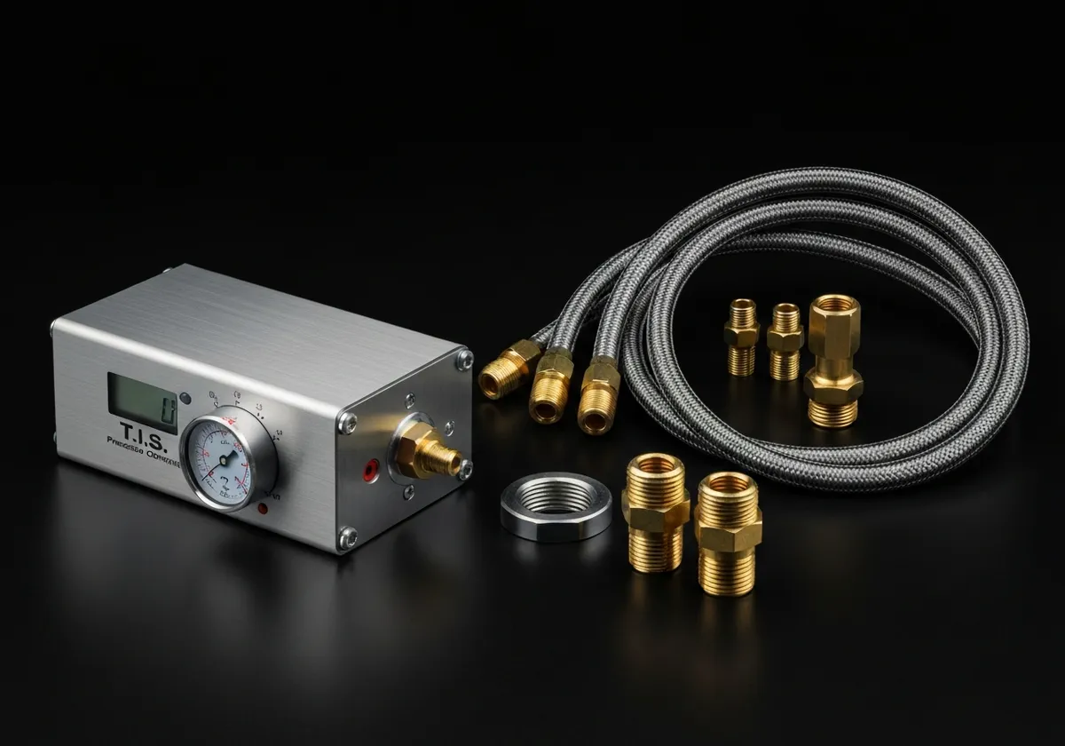 Composite layout of T.I.S. kit components showing precision control unit, pressure gauge, and heavy-duty high-pressure hoses