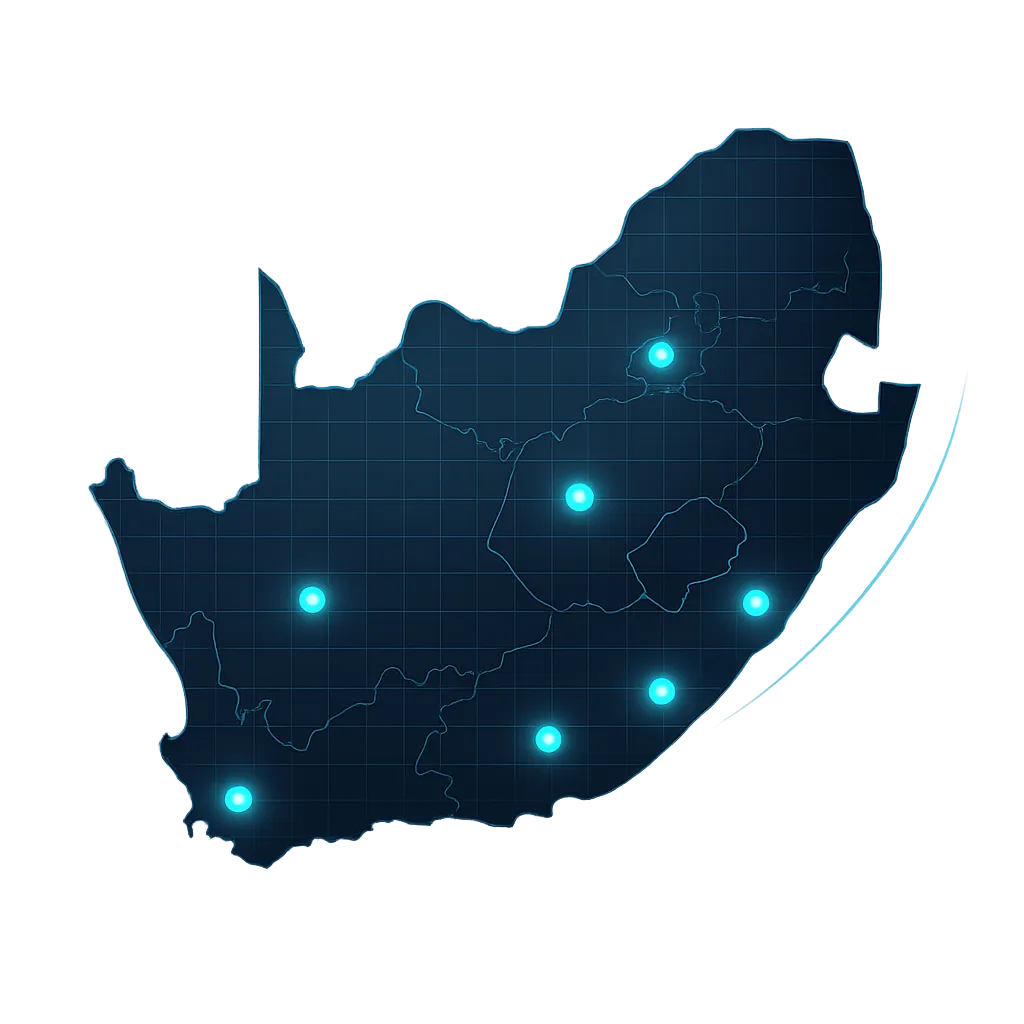 Stylized map of South Africa highlighting nationwide deployment capacity