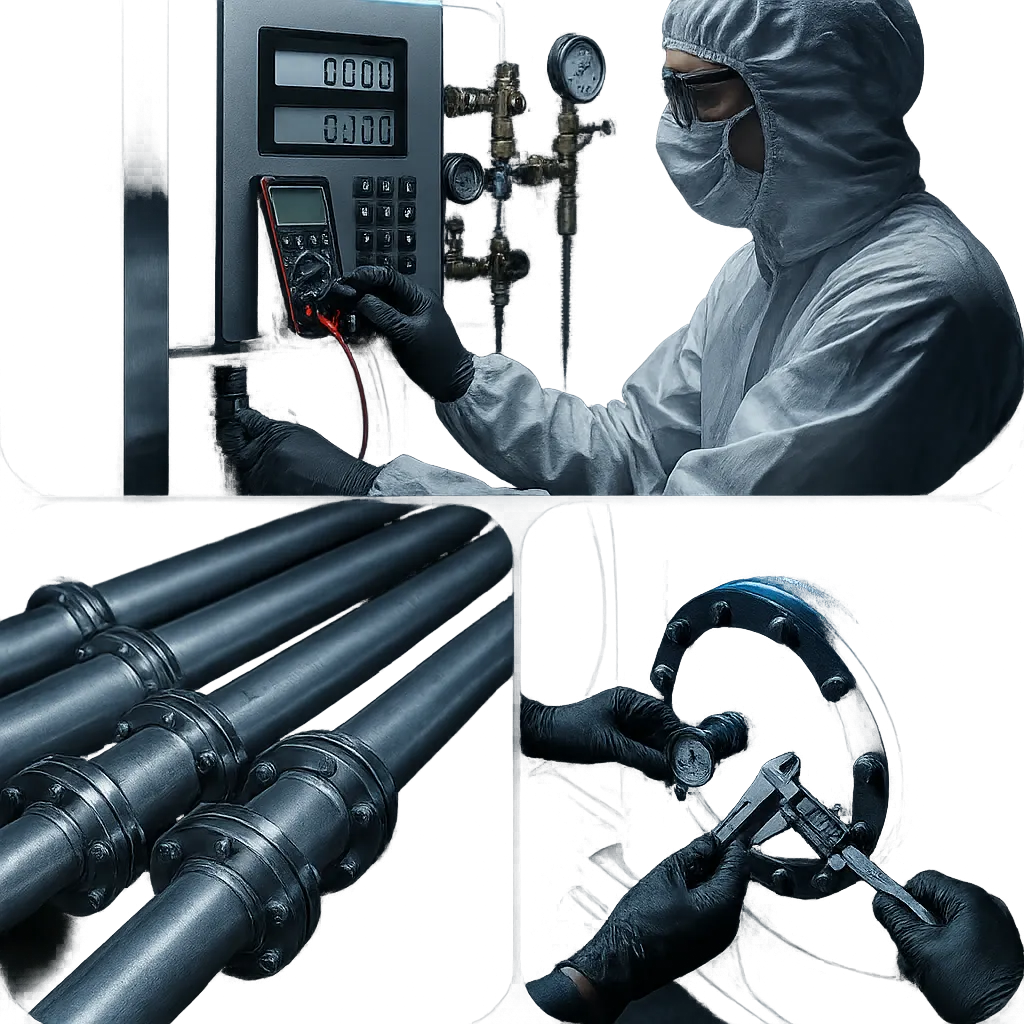 Composite view of tank maintenance, pipeline installation, and dispenser servicing