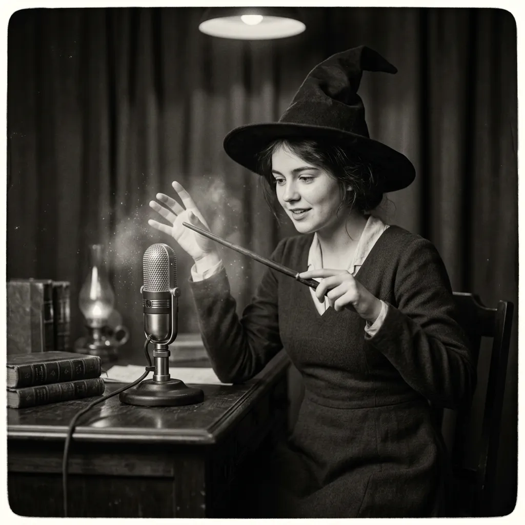 Young witch wearing a pointed witch hat, holding a wand and casting a spell over a studio podcast microphone in a vintage black-and-white photo style