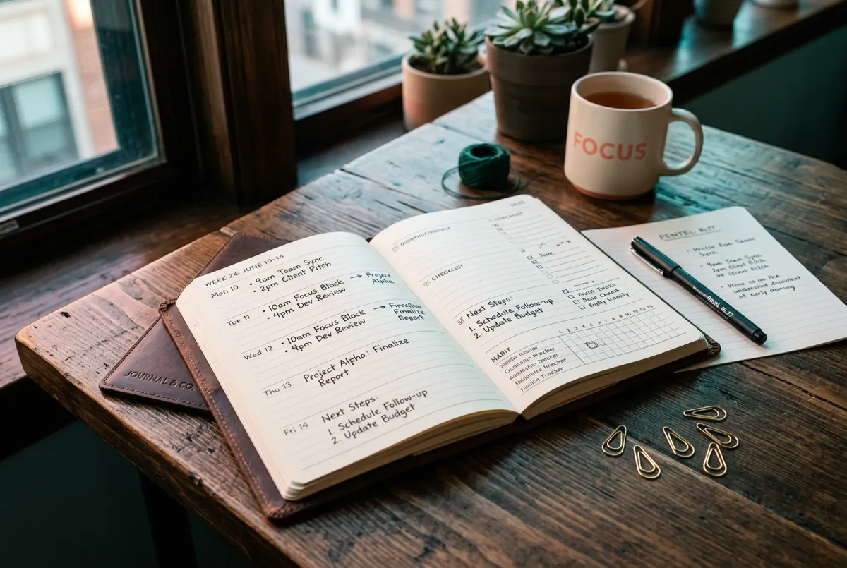 Tactical growth roadmap diagram and workflow documents on clean wooden table