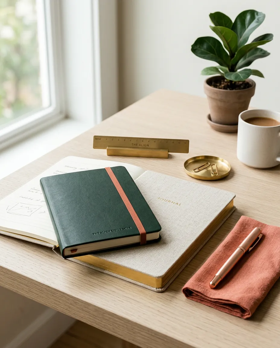 Clean, modern editorial workspace with brass stationery, bespoke business planner, and warm daylight - Blissed Out Biz