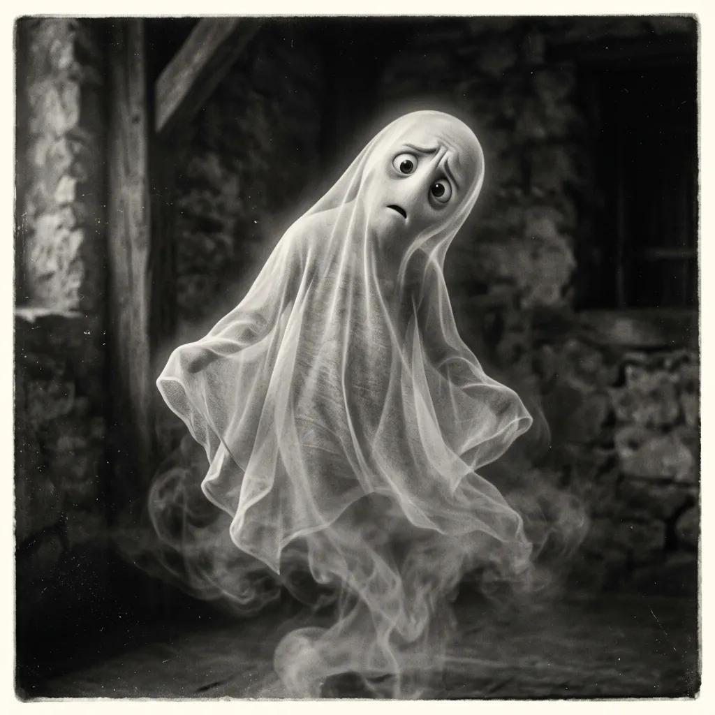 Black-and-white vintage-style photo of a confused ghost hovering with a puzzled expression.