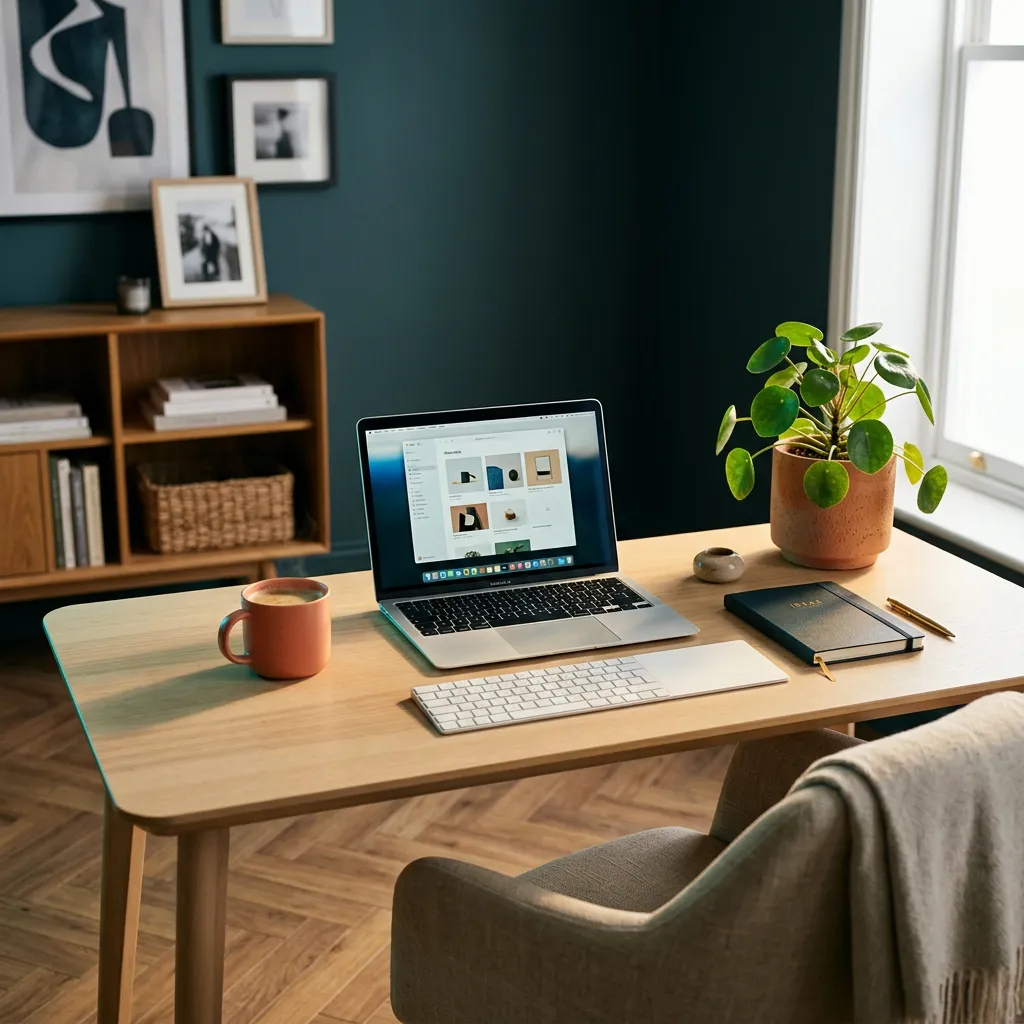 Bright, high-key editorial photograph of an organized, minimalist modern workspace bathed in warm morning light
