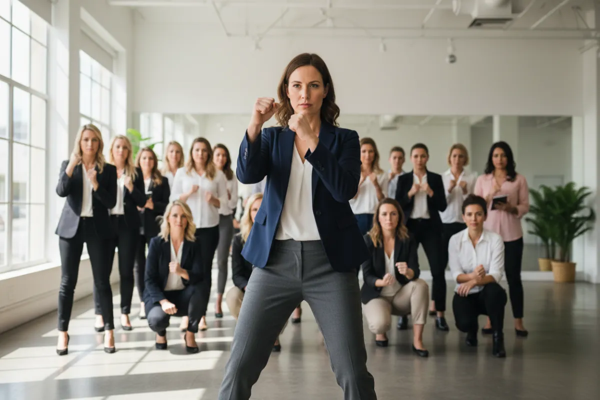 A confident female real estate agent in business attire practices a defensive stance in a bright Sarasota studio, with a diverse group of agents watching attentively. The background is softly blurred, emphasizing the instructor and participant. 3:2 aspect ratio.