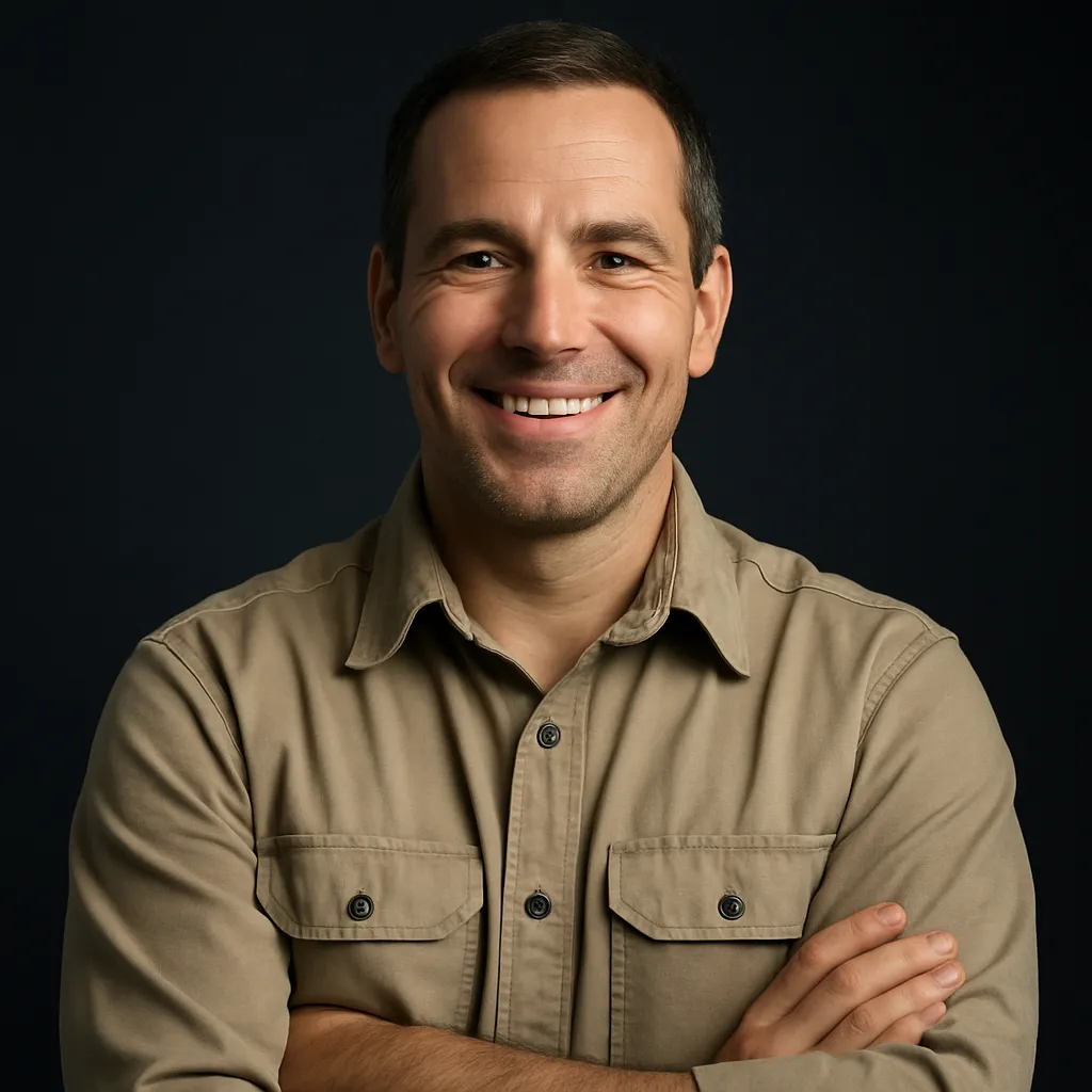 A tradesperson in a van checking a tablet, tools arranged, city street visible.