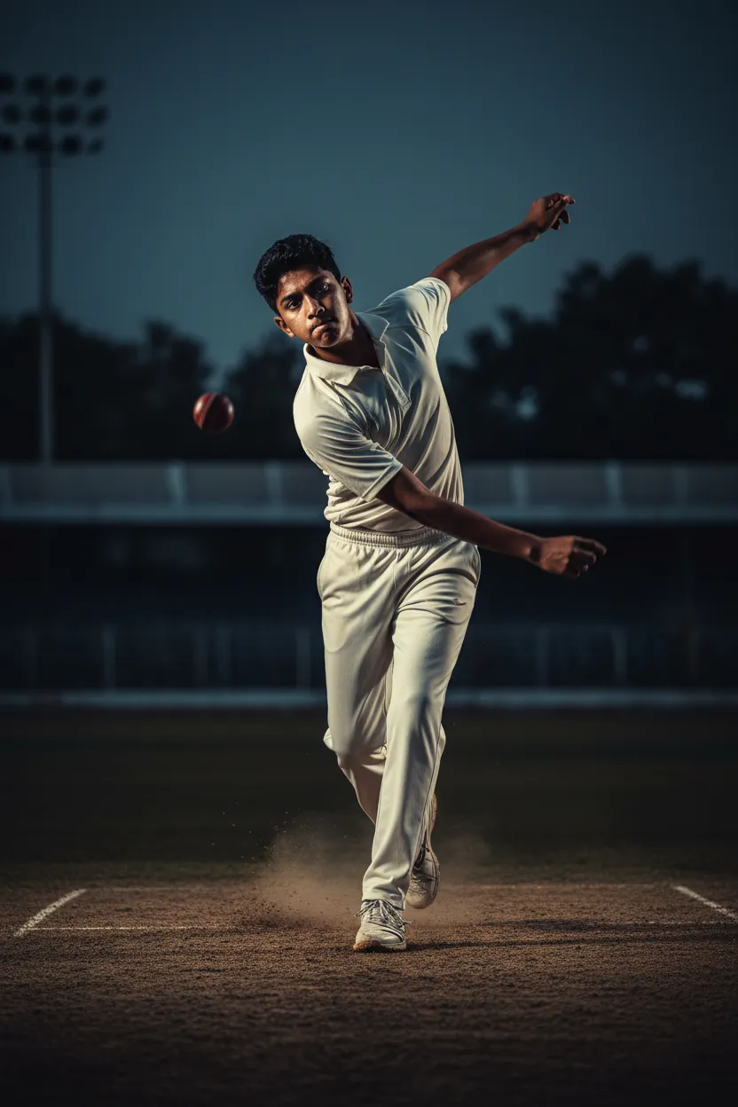 teenage Indian cricket player fast bowling