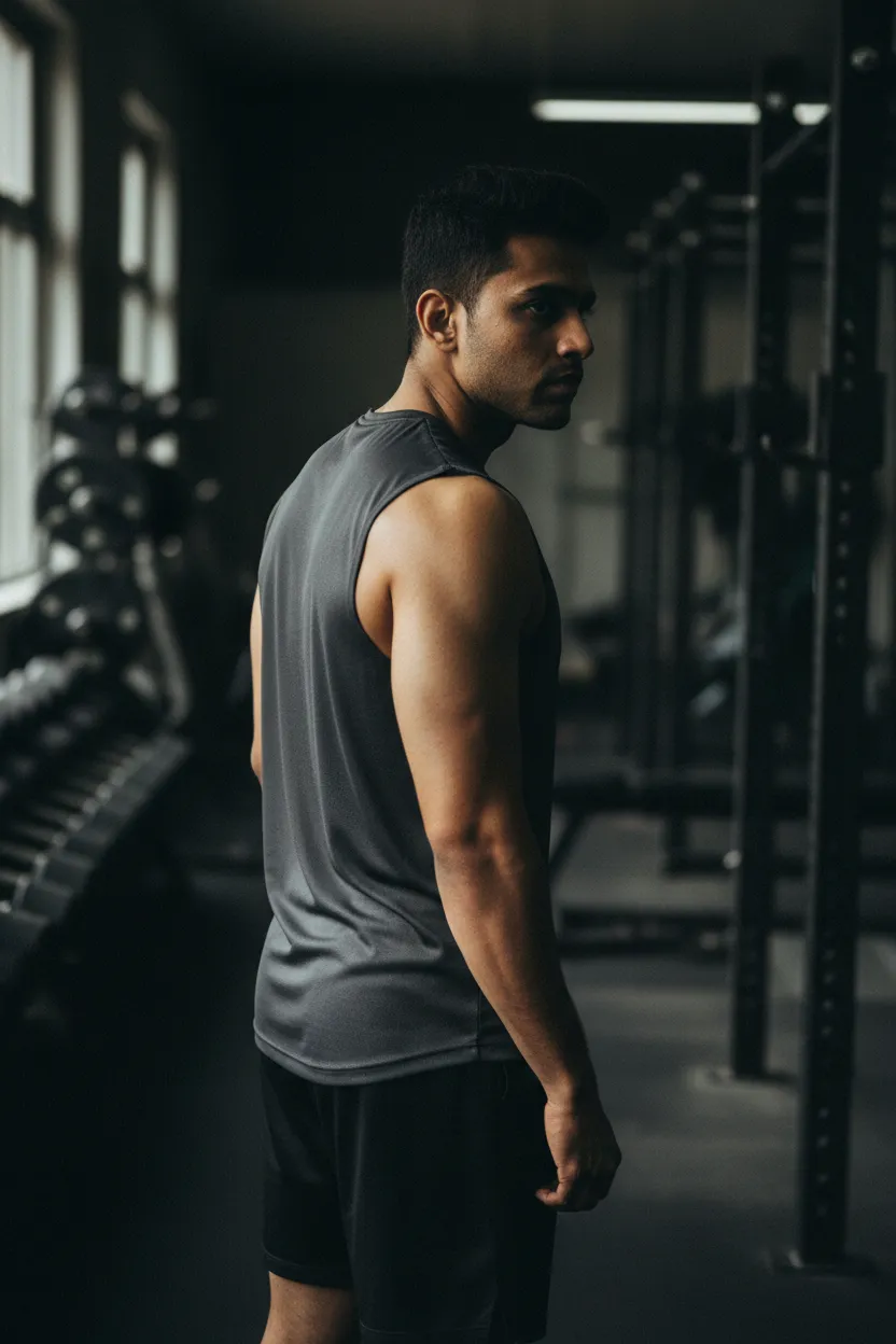 Vertically aligned dark, minimalist gritty gym portrait of a young athletic Indian male in workout attire; moody lighting, sparse equipment, no visible logos or branding