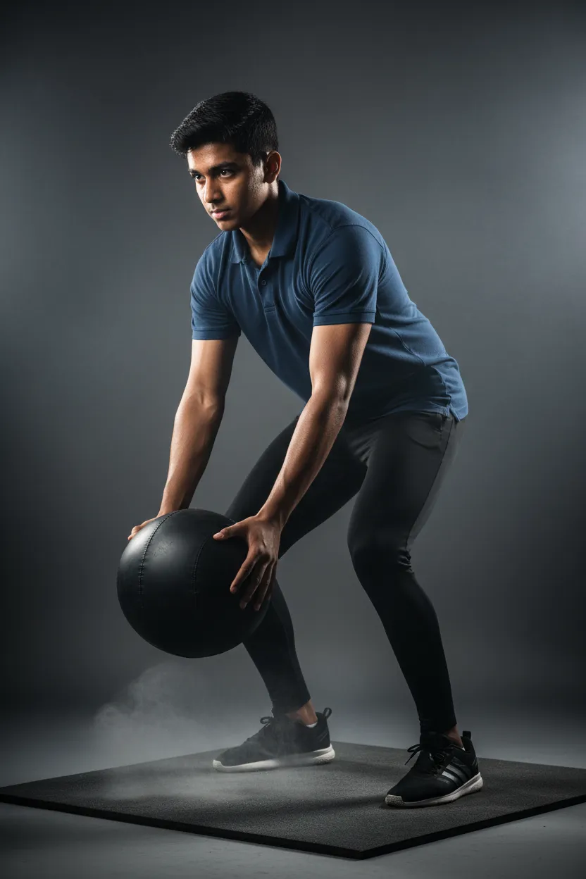 Athletic teen-aged male of Indian descent, portrait-oriented, photorealistic, wearing a polo shirt and black athletic pants, shown exercising
