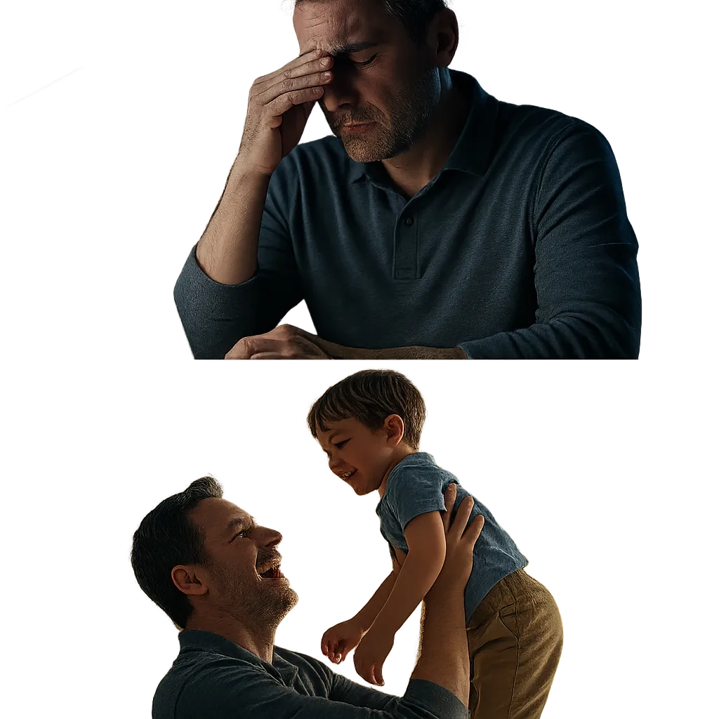 Composite image of a busy father exhausted from work versus playing energetically with his kids