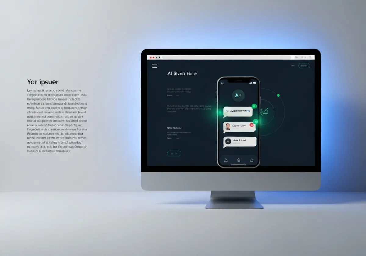 Desktop website mockup paired with smartphone showing AI chat and appointment notifications