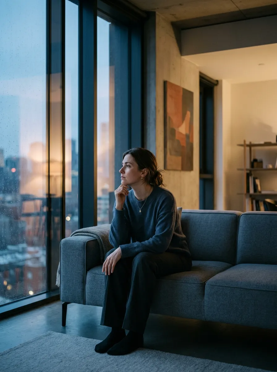 Reflective editorial portrait of an individual caught in contemplation and relationship fatigue