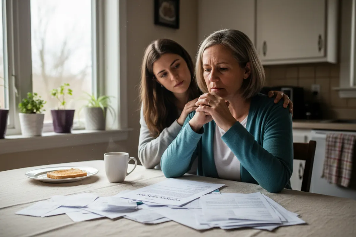 Worried homeowner reviewing foreclosure notice at kitchen table, paperwork spread out, soft daylight, supportive family in background.