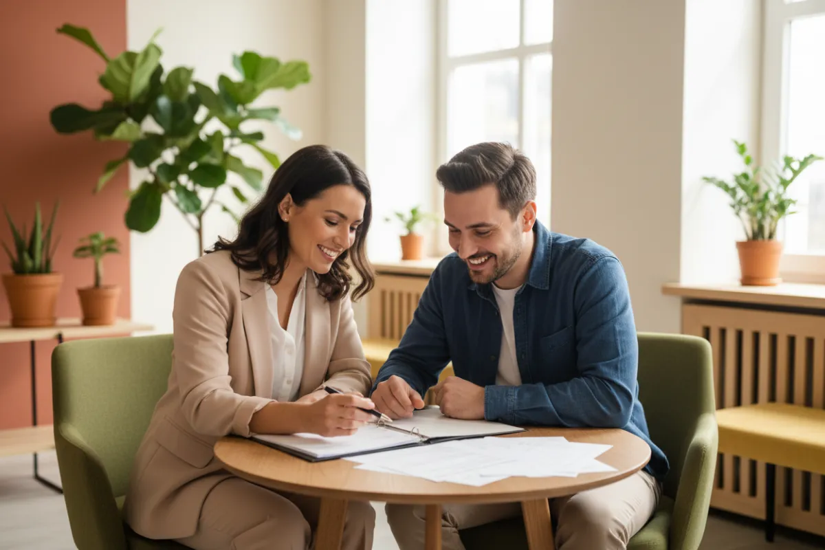 A friendly professional consultant sits across from a homeowner at a small table, both smiling and reviewing documents together. The setting is a sunlit, modern office with plants and warm tones, conveying trust, approachability, and a supportive environment for confidential discussions.