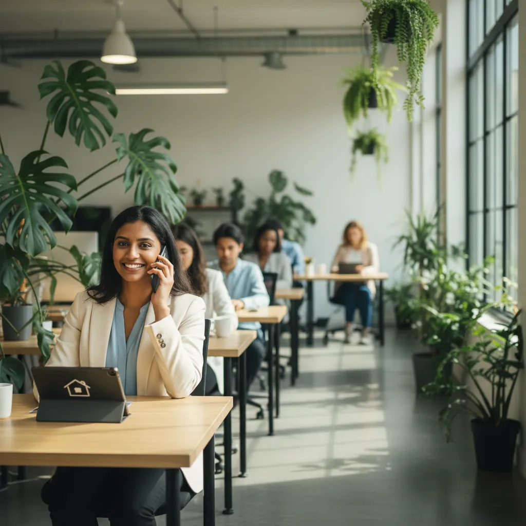 Diverse support team member answering phone in bright office, friendly expression, modern workspace, plants, and natural light.