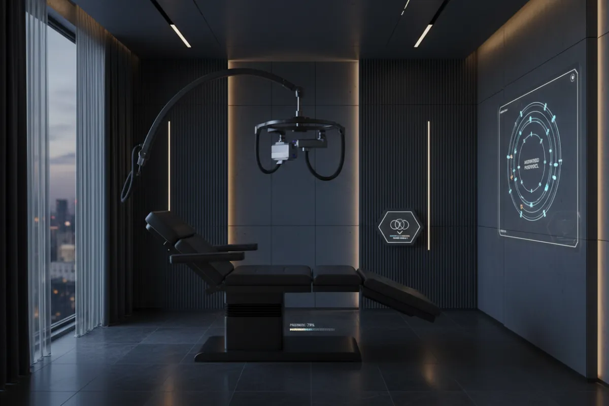 Premium clinic reception with subtle automation overlays