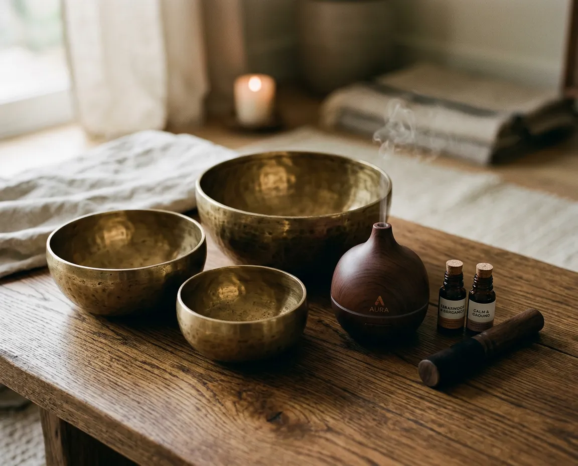 Acoustic alchemy brass singing bowls and cedarwood essential oils