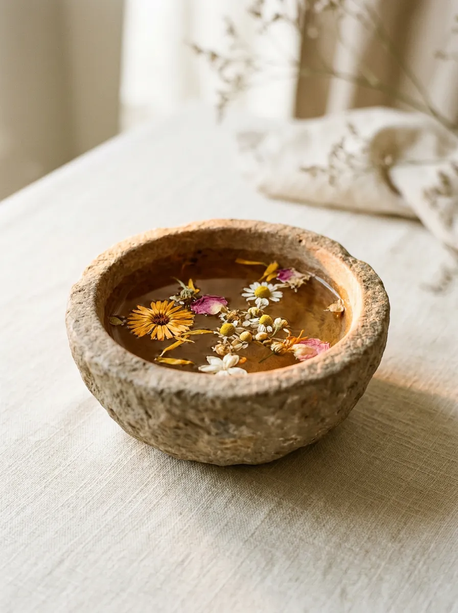 A solitary stone bowl holding warm infused water and floating botanical petals in minimalist ambient light