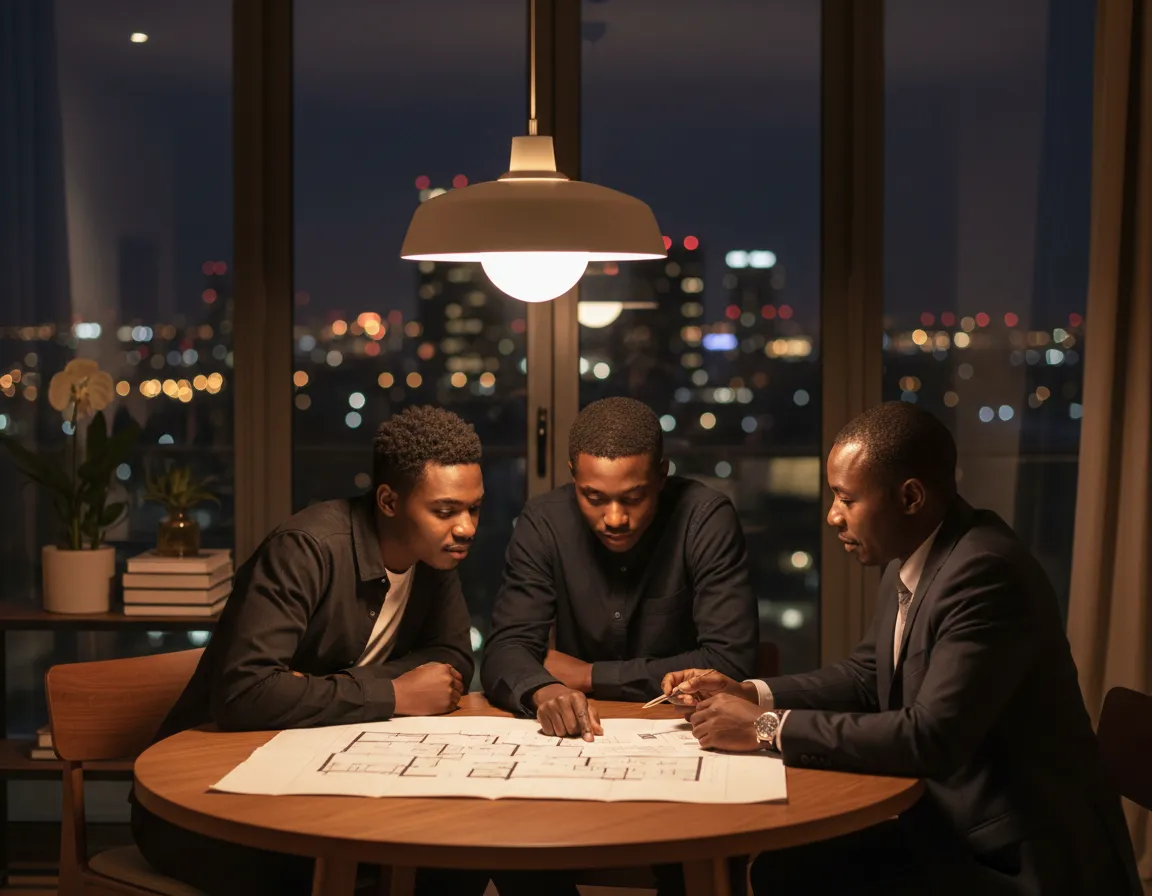 Couple reviewing property options with an advisor at a dining table