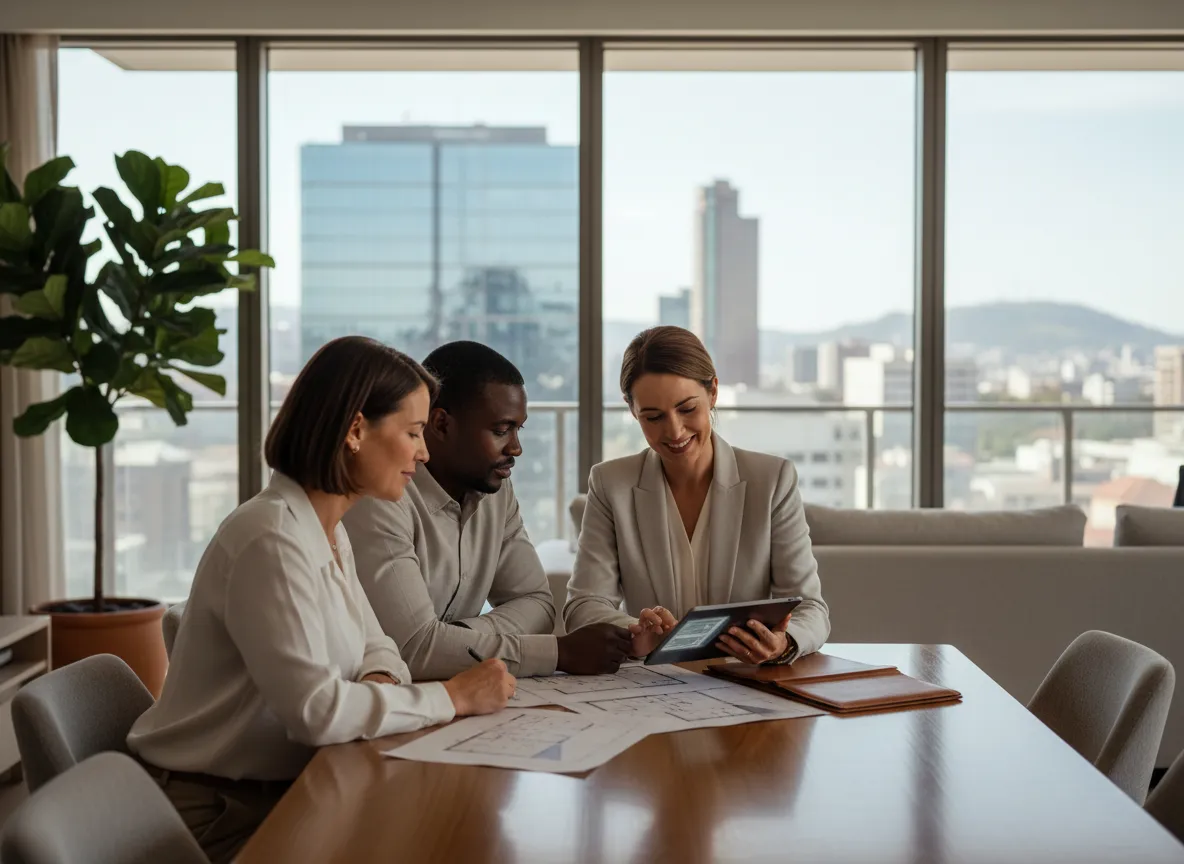 NN Properties agent meeting with clients in a modern Johannesburg apartment
