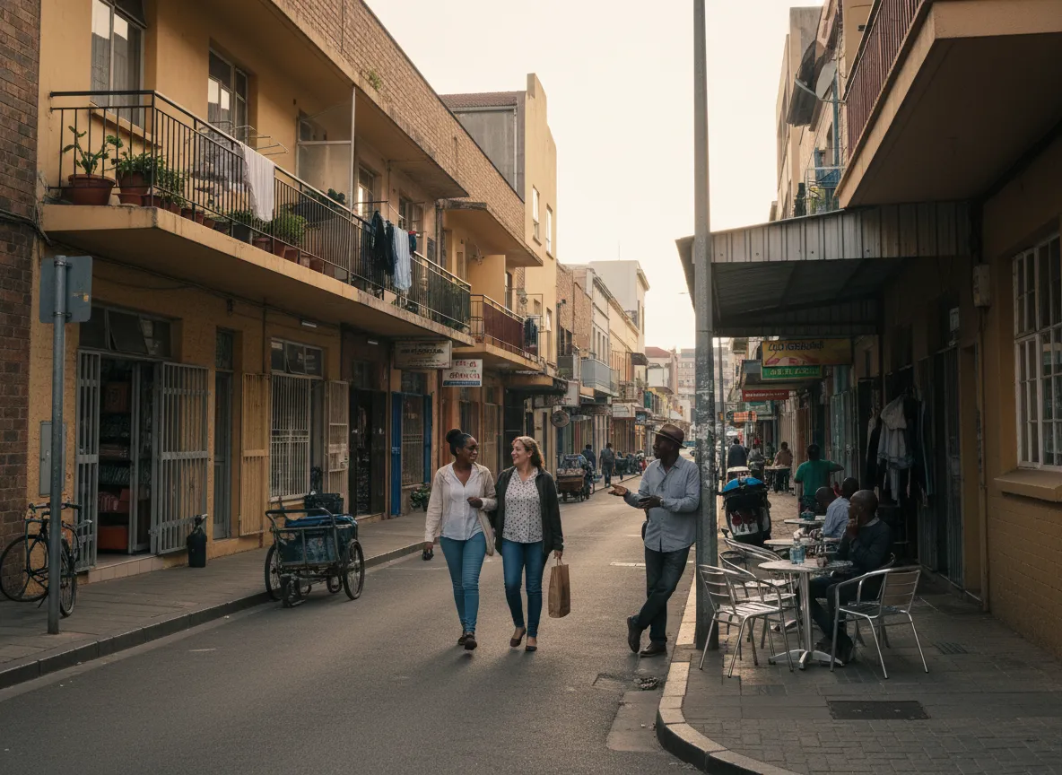 Johannesburg street-level view with people walking near apartments