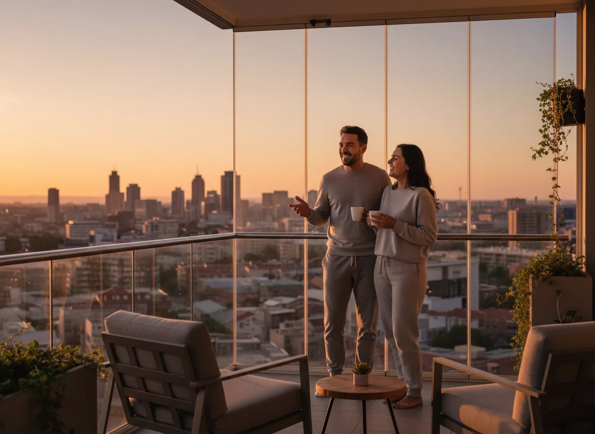 Johannesburg couple relaxing on apartment balcony with city views