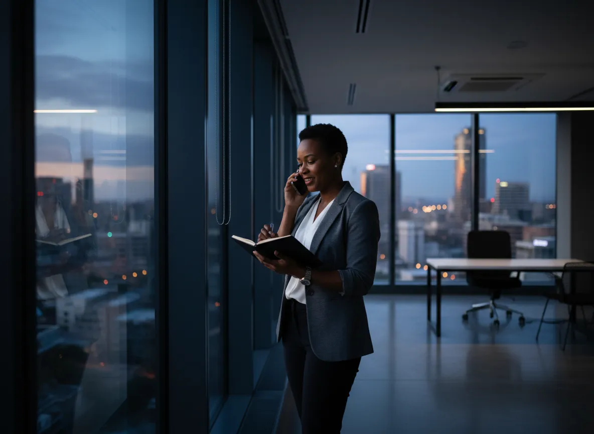 Johannesburg property advisor on the phone overlooking the city