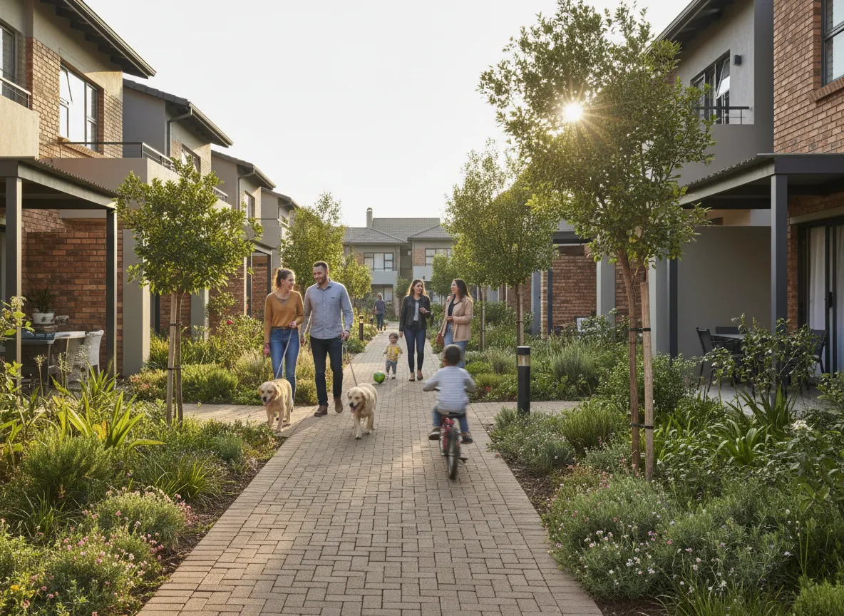 Johannesburg townhouse complex with people walking and enjoying shared spaces