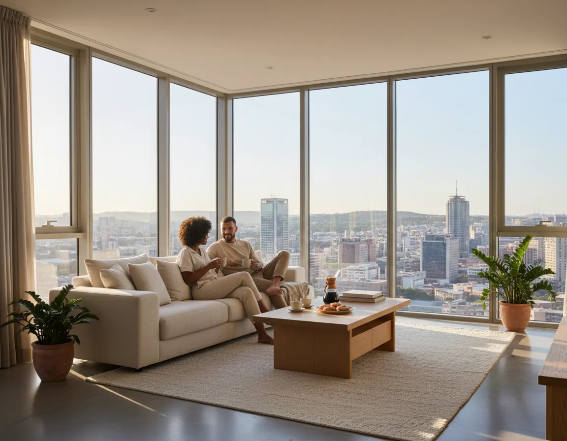 Interior living room in Johannesburg apartment with people relaxing