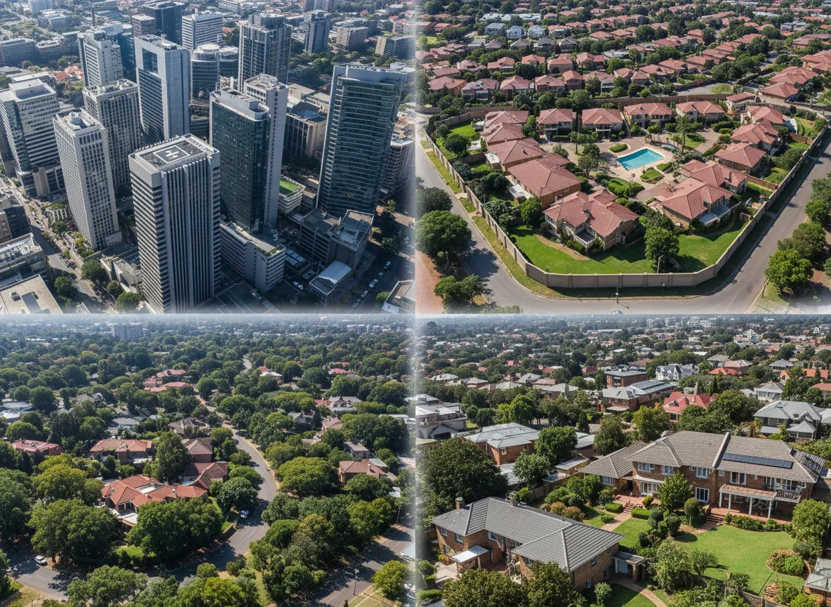 Aerial and street-level views of Johannesburg neighbourhoods