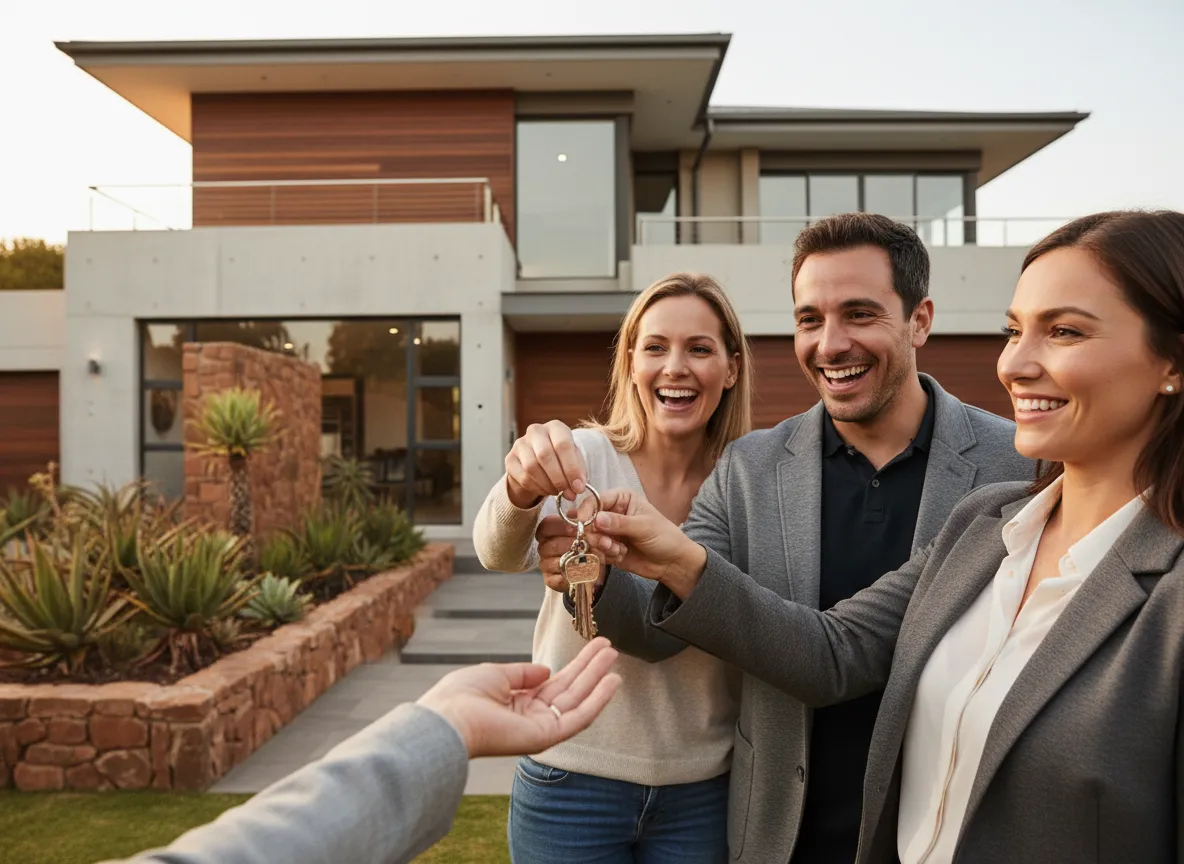 Real estate agent handing keys to new homeowners in Johannesburg