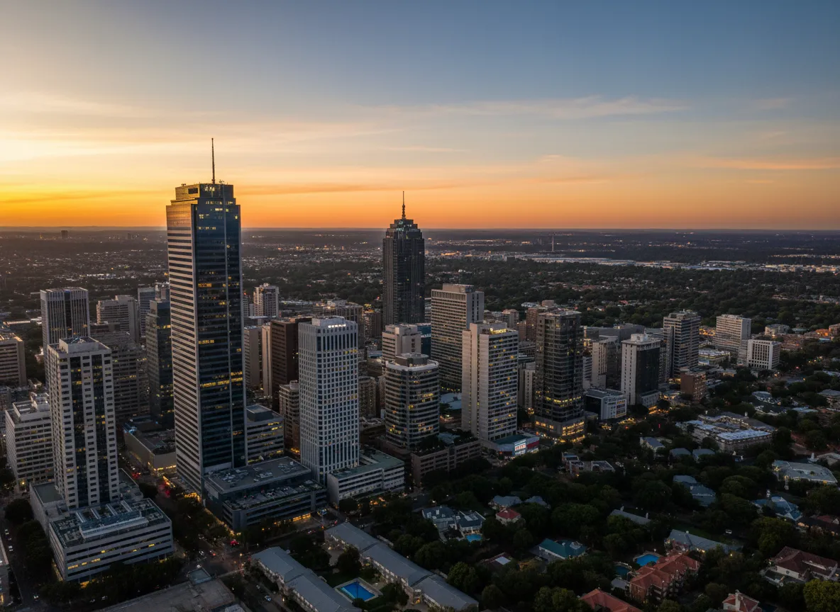 Aerial view of Sandton and surrounding Johannesburg skyline at sunset