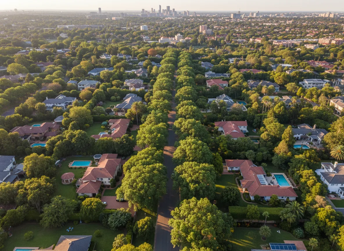 Aerial view of Johannesburg neighbourhoods and tree-lined streets