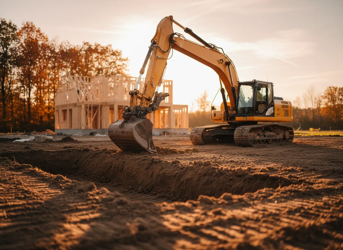Excavator working on a residential property site at sunset.