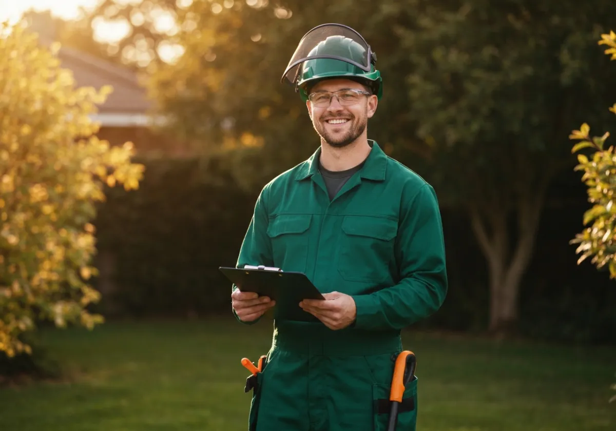 Arborist evaluating a tree on residential property