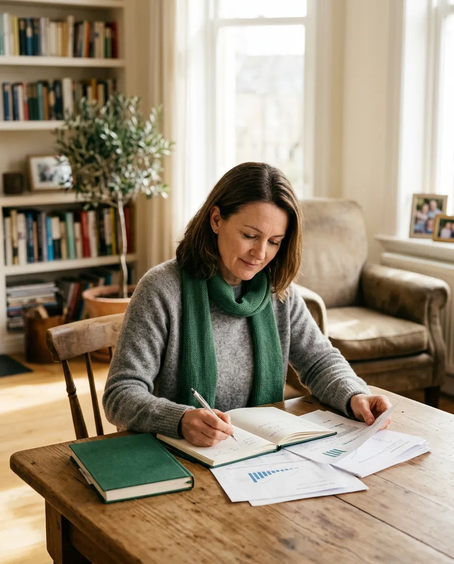 A person peacefully reviewing financial plans with calm reassurance in a sunlit living room