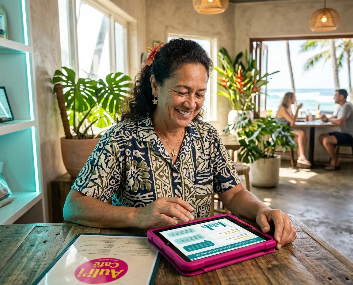 Local Hawaiian business owner reviewing automated customer reviews on a tablet in a sunny coastal cafe