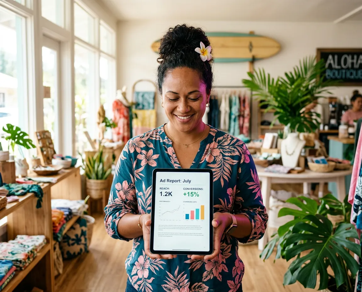 Local Hawaiian business owner reviewing digital ad performance on a tablet in a bright shop