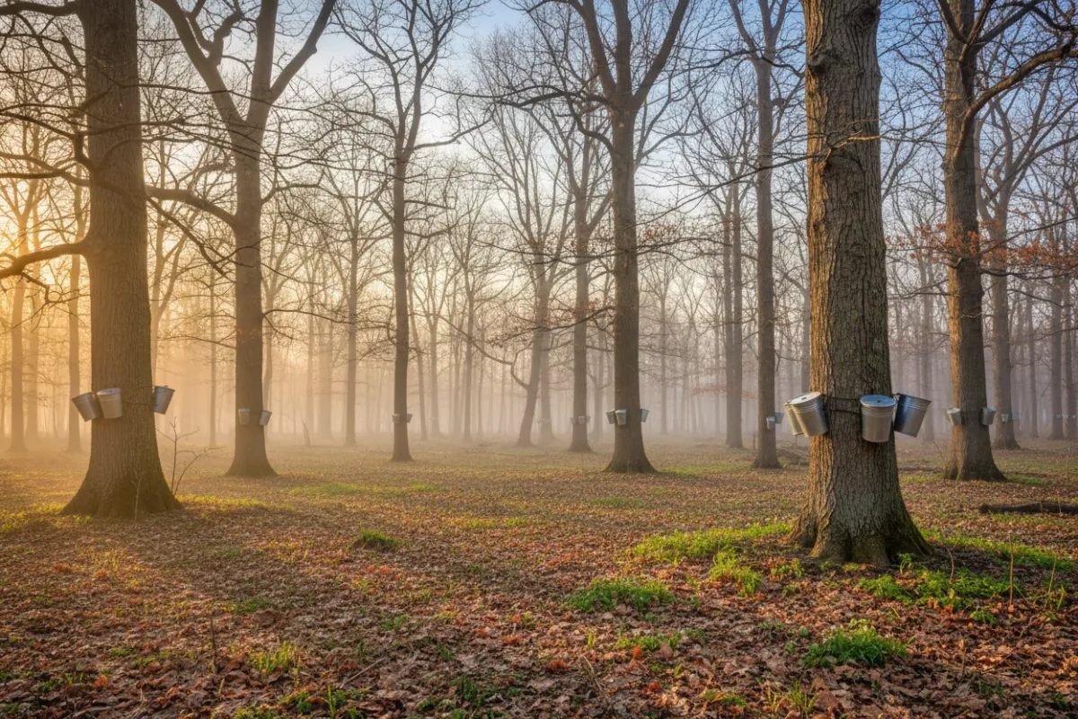 Misty maple grove with tapped trees at sunrise