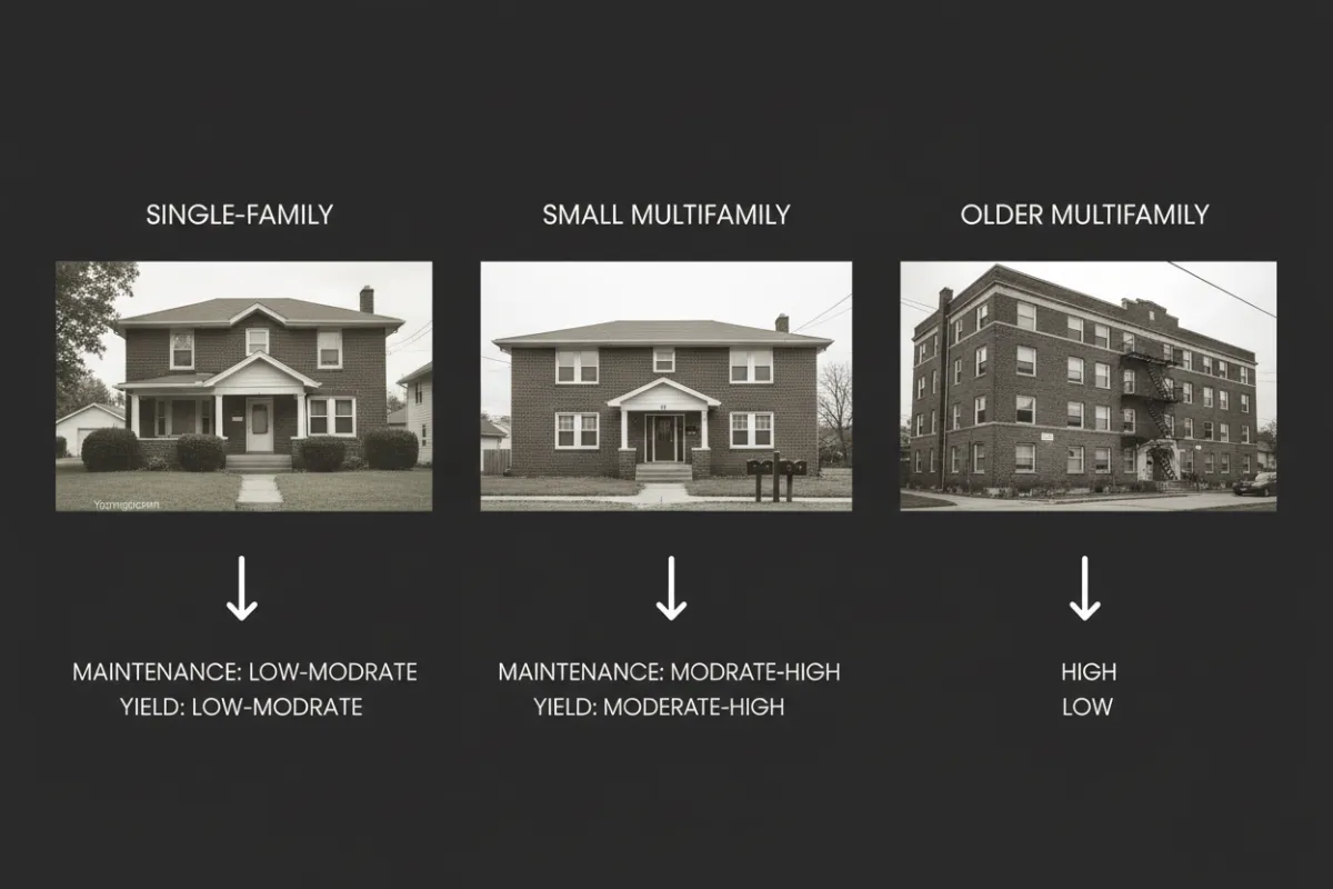 An annotated comparative chart and photo-collage showing single-family, small multifamily, and older multifamily asset types in Youngstown; editorial photographic style with neutral tones and labels linking typical maintenance intensity and yield profiles for each asset class.