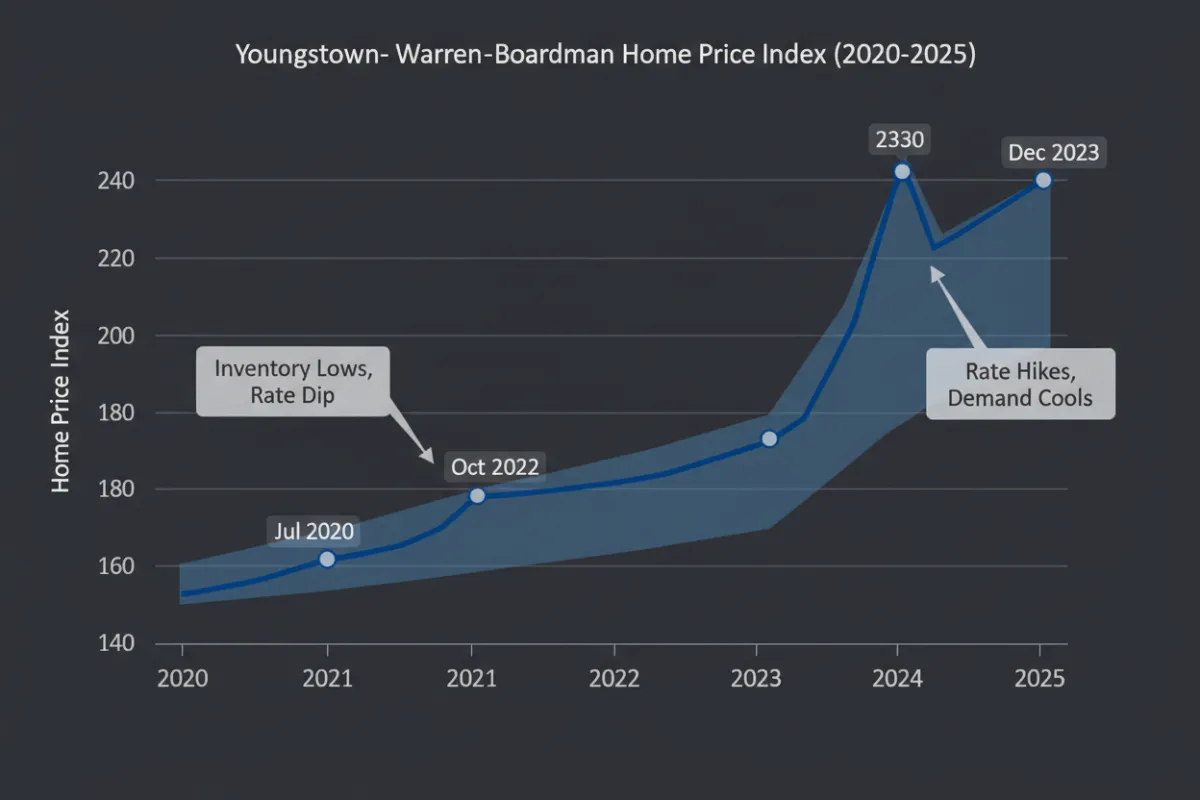 A time-series line chart from 2020 to 2025 illustrating the Youngstown–Warren–Boardman home price index with subtle trend shading, markers at key dates, neutral editorial typography, and clear axes to support directional interpretation alongside inventory and rate commentary.