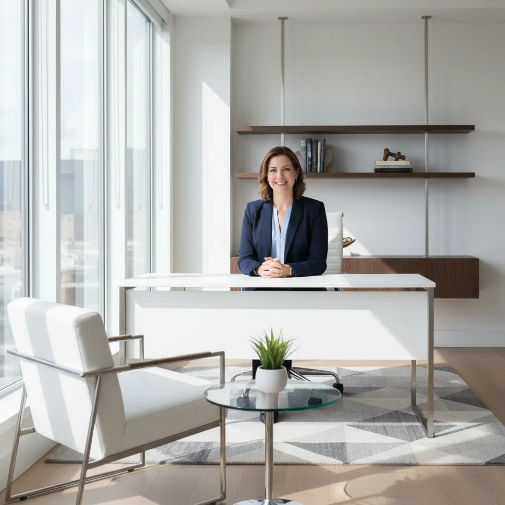 Friendly real estate consultant in a bright office, smiling and ready to assist, modern decor, 1:1 aspect ratio