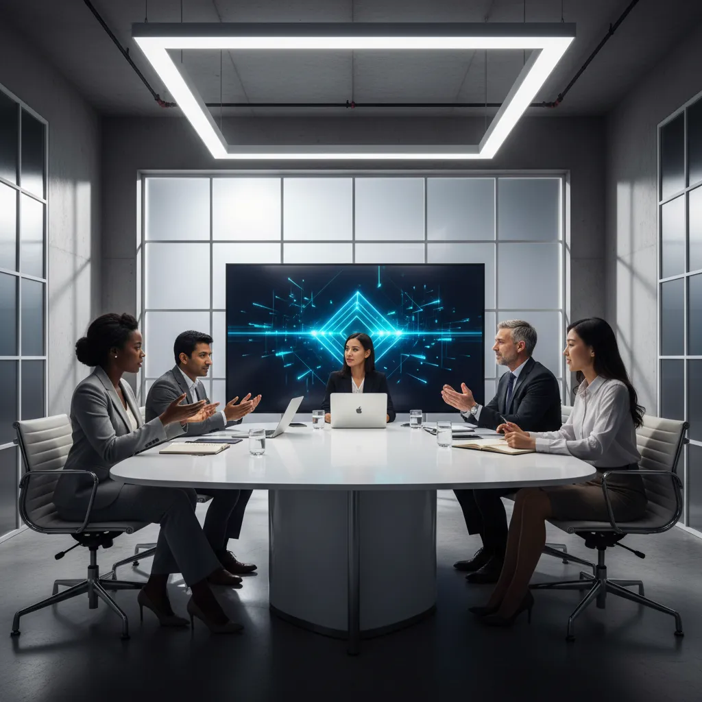 A panel of diverse real estate experts sits in a modern studio, engaged in discussion about Youngstown market trends. The group wears professional attire, with bright lighting and a clean, contemporary setting, captured in a 1:1 aspect ratio for a polished look.