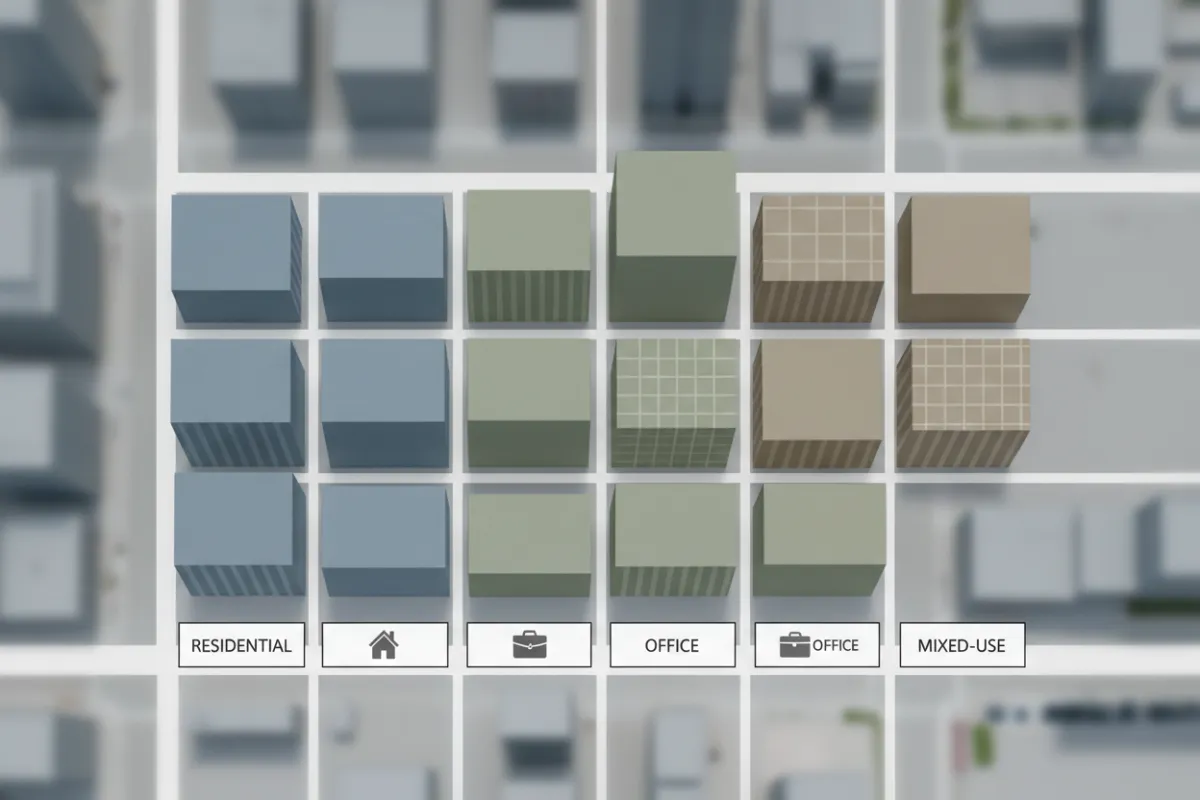 Informational diagram-style aerial composition showing the downtown property mix — labeled blocks for residential, office, and mixed-use — subdued palette and clear labels for editorial clarity, created in a clean infographic photographic-illustration hybrid style.