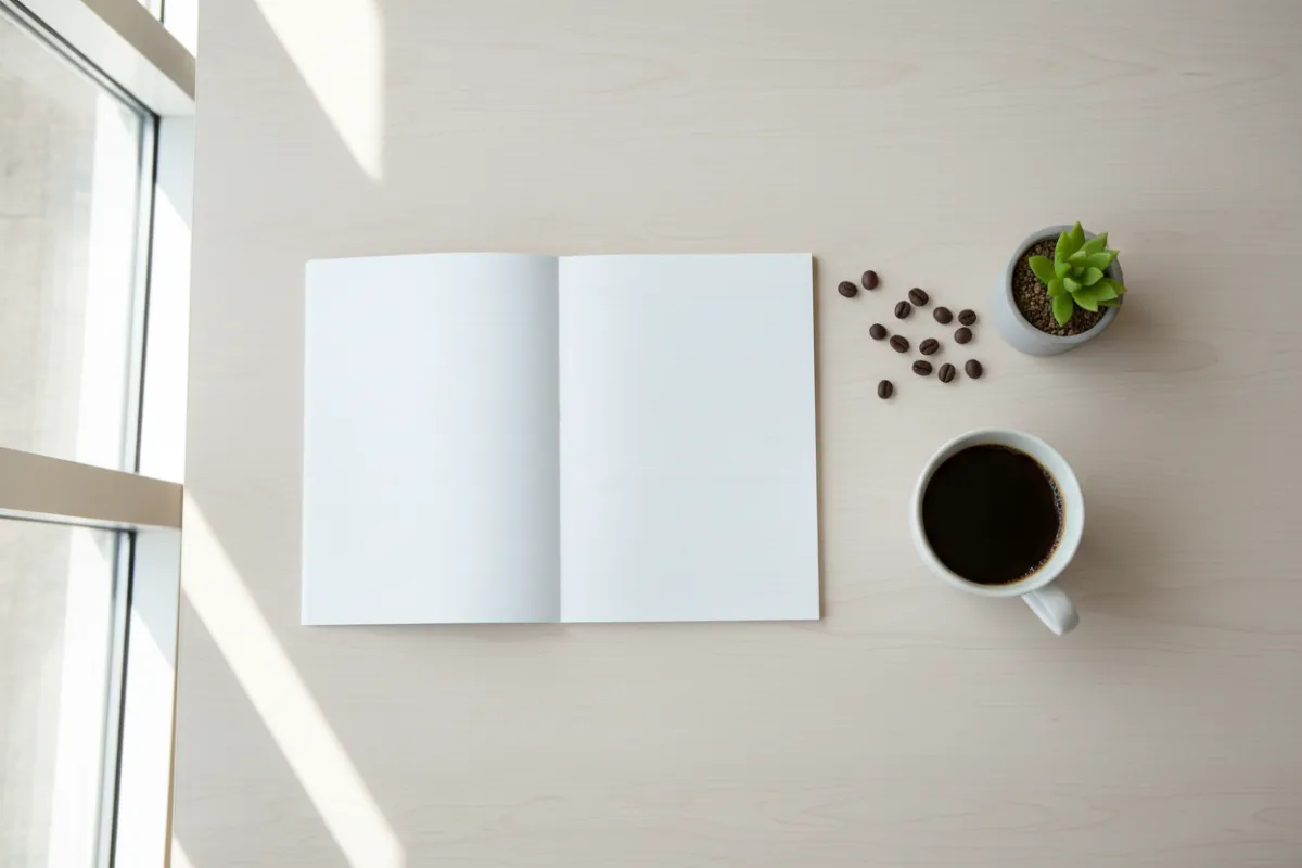 Overhead of a homeowner orientation booklet and coffee on a table, modern flat-lay composition, natural light to promote educational content.